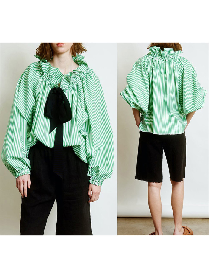 1pc Women'S Summer Sexy Crew Neck Blouse - Polyester Knit Fabric, Long Lantern Sleeves, Ruffle Detail Neckline with Lace-up, Loose Fit Casual Elegant Top