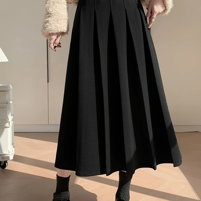 Women'S Chic A-Line Pleated Midi Skirt 100% Polyester Solid Color Woven Fabric for Fall\u002FWinter - Beltless Design