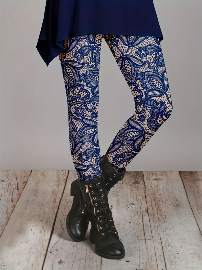 Plus Size Floral Print Skinny Leggings - Stretchy, High Waist, Comfortable, and Versatile - Perfect for Spring and Fall, Women's Casual Clothing