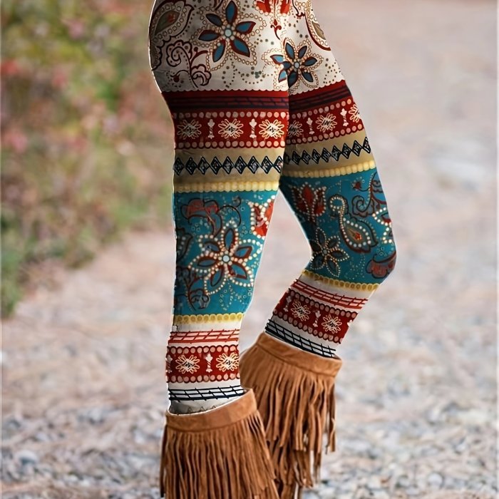 Boho-Chic Floral Print Stretch Leggings for Women - Casual, All-Season Wear, Machine Washable