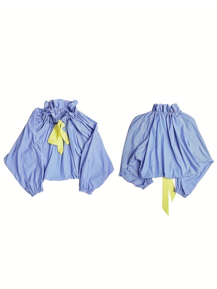 1pc Women'S Summer Sexy Crew Neck Blouse - Polyester Knit Fabric, Long Lantern Sleeves, Ruffle Detail Neckline with Lace-up, Loose Fit Casual Elegant Top