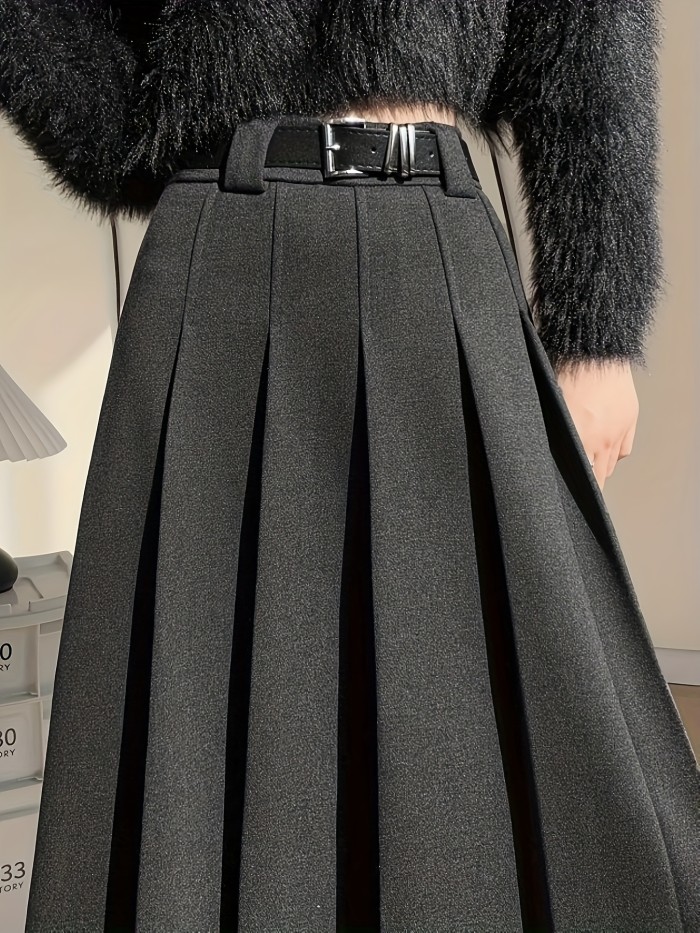 Women'S Chic A-Line Pleated Midi Skirt 100% Polyester Solid Color Woven Fabric for Fall\u002FWinter - Beltless Design