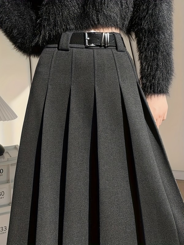 Women'S Chic A-Line Pleated Midi Skirt 100% Polyester Solid Color Woven Fabric for Fall\u002FWinter - Beltless Design