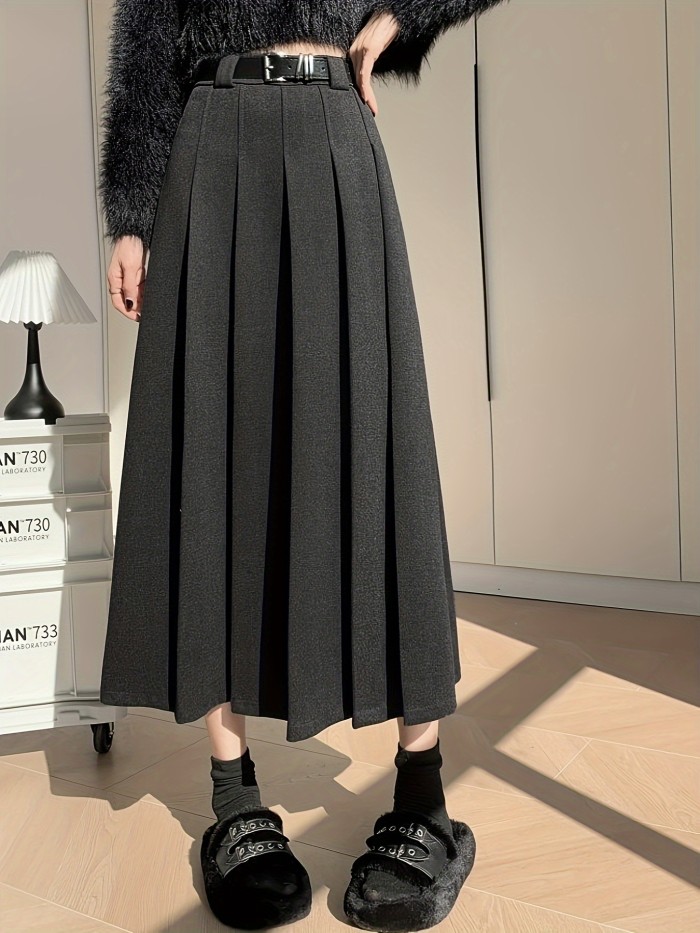 Women'S Chic A-Line Pleated Midi Skirt 100% Polyester Solid Color Woven Fabric for Fall\u002FWinter - Beltless Design