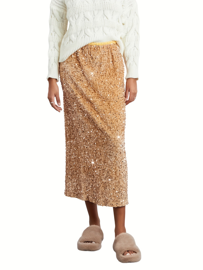 Elegant Sequin-Embellished Maxi Skirt for Women - Elastic Waist, Vintage Style, Machine Washable