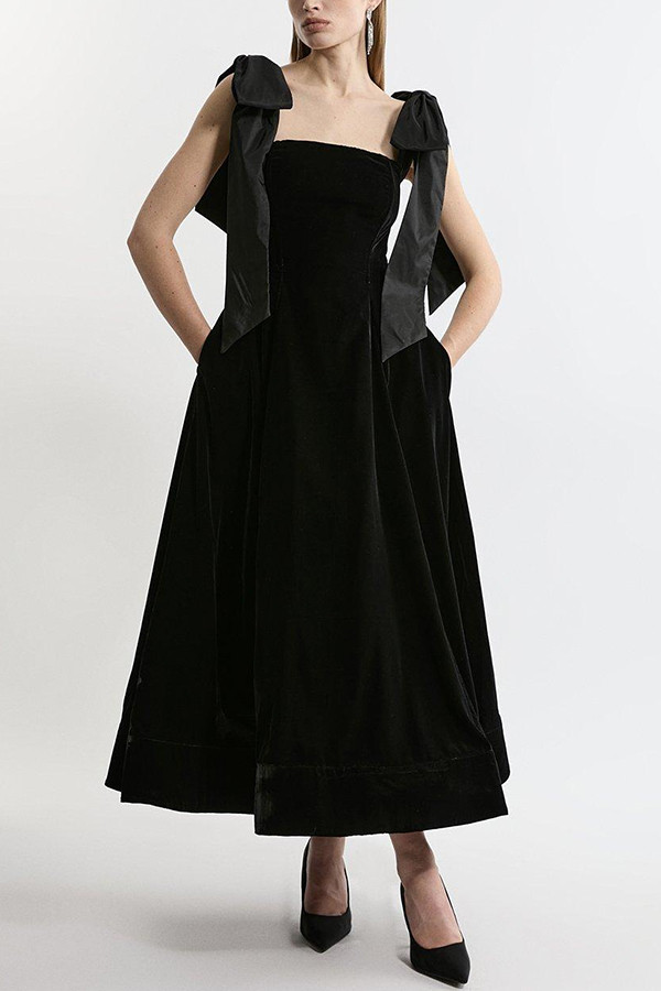 Romantic Type Velvet Bandeau Taffeta Bow Strap Pocketed Prom Maxi Dress