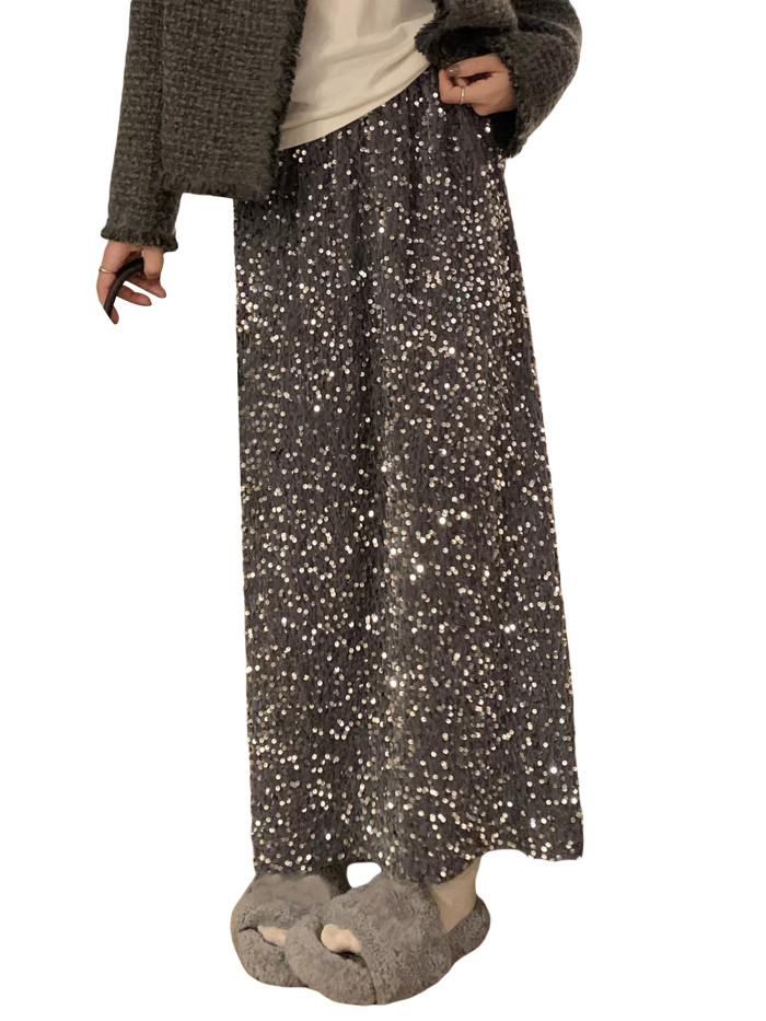 Elegant Sequin-Embellished Maxi Skirt for Women - Elastic Waist, Vintage Style, Machine Washable