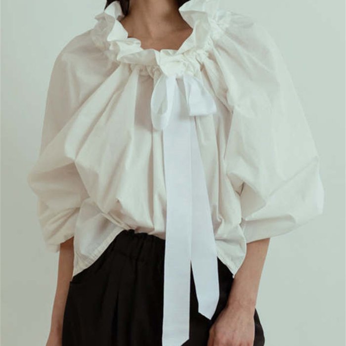 1pc Women'S Summer Knit Polyester Shirt - Sexy Crew Neck Long Lantern Sleeve Blouse with Ruffled Neckline and Lace-up Detail, Solid Color and Stripe Print Options, Casual Elegant Top for Adults