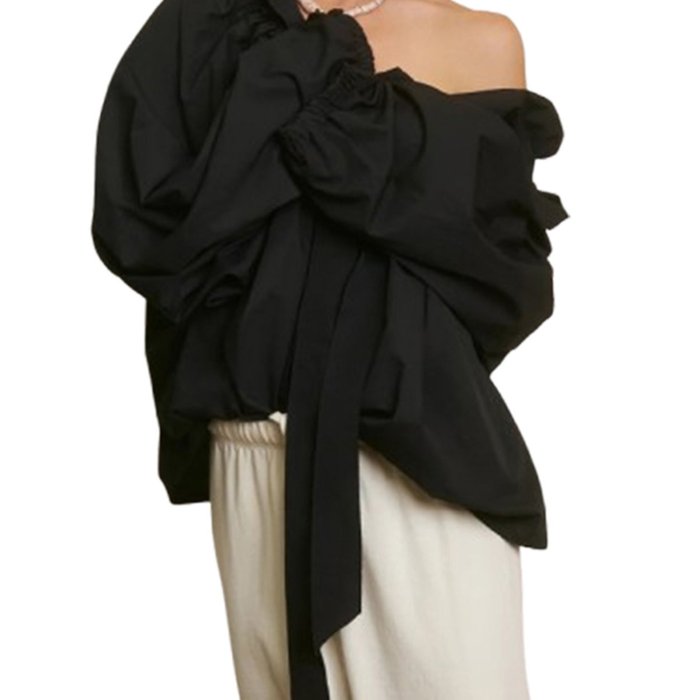 1pc Women'S Summer Sexy Crew Neck Blouse - Polyester Knit Fabric, Long Lantern Sleeves, Ruffle Detail Neckline with Lace-up, Loose Fit Casual Elegant Top