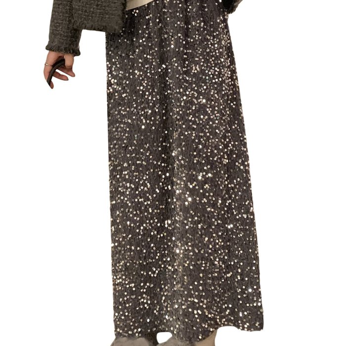 Elegant Sequin-Embellished Maxi Skirt for Women - Elastic Waist, Vintage Style, Machine Washable