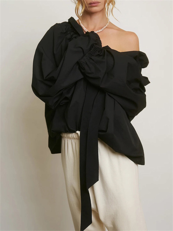 1pc Women'S Summer Knit Polyester Shirt - Sexy Crew Neck Long Lantern Sleeve Blouse with Ruffled Neckline and Lace-up Detail, Solid Color and Stripe Print Options, Casual Elegant Top for Adults