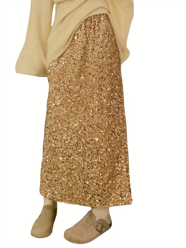 Elegant Sequin-Embellished Maxi Skirt for Women - Elastic Waist, Vintage Style, Machine Washable