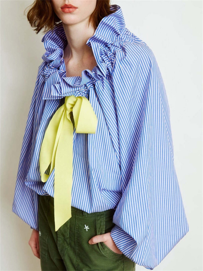 1pc Women'S Summer Knit Polyester Shirt - Sexy Crew Neck Long Lantern Sleeve Blouse with Ruffled Neckline and Lace-up Detail, Solid Color and Stripe Print Options, Casual Elegant Top for Adults