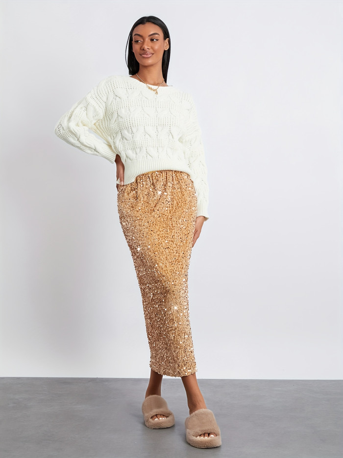 Elegant Sequin-Embellished Maxi Skirt for Women - Elastic Waist, Vintage Style, Machine Washable