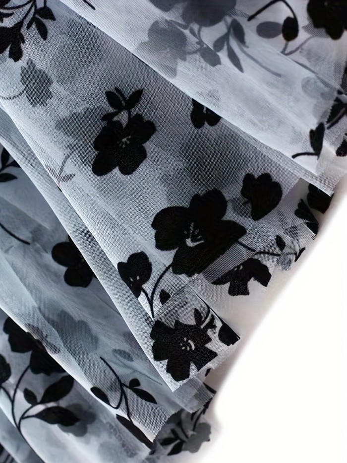 Elegant High Waist Maxi Plant Print Contrast Mesh Skirts, Women's Clothing