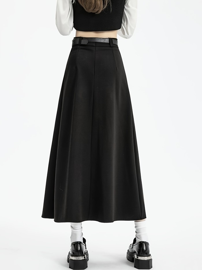 Women'S Chic A-Line Pleated Midi Skirt 100% Polyester Solid Color Woven Fabric for Fall\u002FWinter - Beltless Design