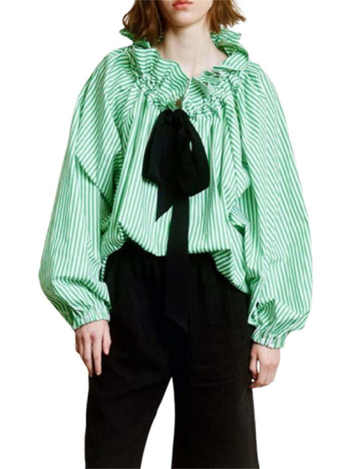 1pc Women'S Summer Sexy Crew Neck Blouse - Polyester Knit Fabric, Long Lantern Sleeves, Ruffle Detail Neckline with Lace-up, Loose Fit Casual Elegant Top