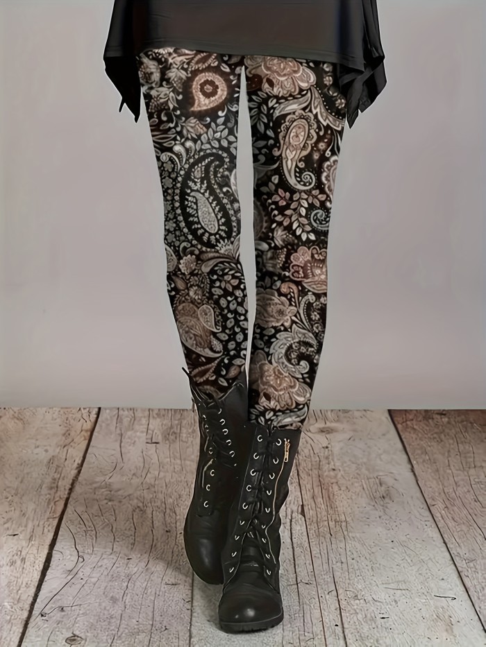 Plus Size Floral Print Skinny Leggings - Stretchy, High Waist, Comfortable, and Versatile - Perfect for Spring and Fall, Women's Casual Clothing