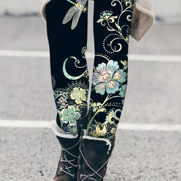 Elegant Plus Size Floral Print Leggings - High Waist, Stretchy & Comfortable, Machine Washable - Women's Fashion