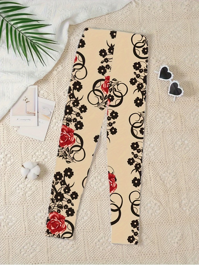 Chic Floral High-Waist Leggings - Soft Stretch Fit for All-Day Comfort - Perfect for Casual or Active Wear in Spring and Fall - Women's Fashion