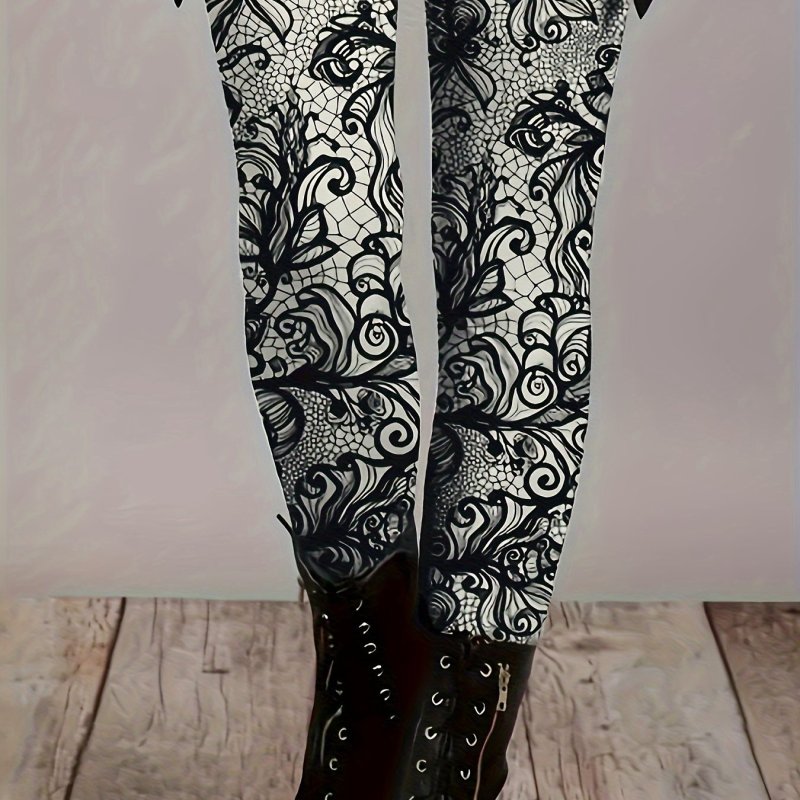 Plus Size Floral Print Skinny Leggings - Stretchy, High Waist, Comfortable, and Versatile - Perfect for Spring and Fall, Women's Casual Clothing