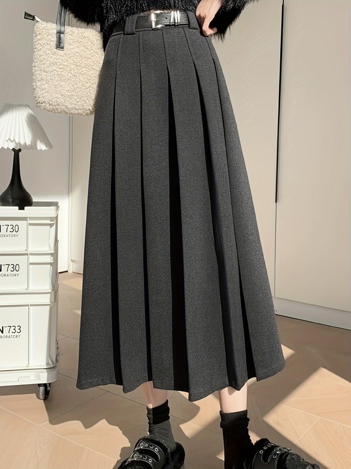 Women'S Chic A-Line Pleated Midi Skirt 100% Polyester Solid Color Woven Fabric for Fall\u002FWinter - Beltless Design