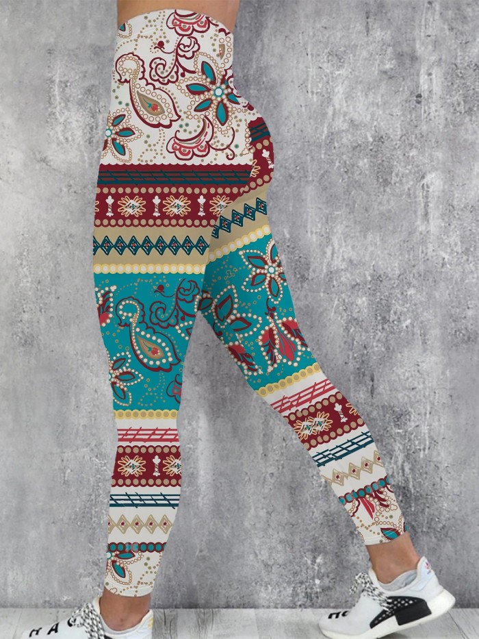 Boho-Chic Floral Print Stretch Leggings for Women - Casual, All-Season Wear, Machine Washable