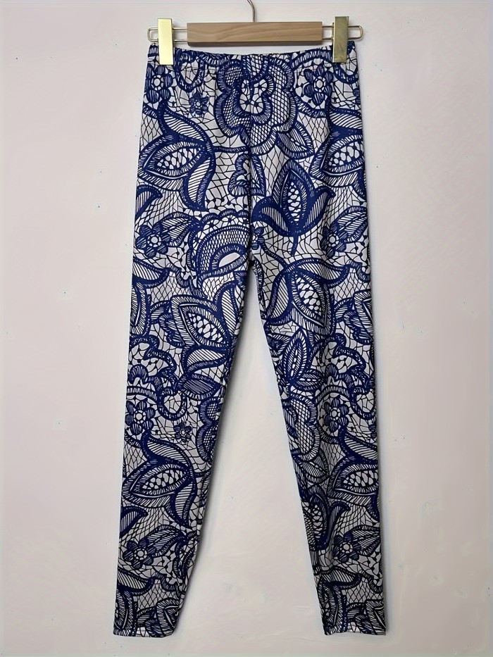 Plus Size Floral Print Skinny Leggings - Stretchy, High Waist, Comfortable, and Versatile - Perfect for Spring and Fall, Women's Casual Clothing