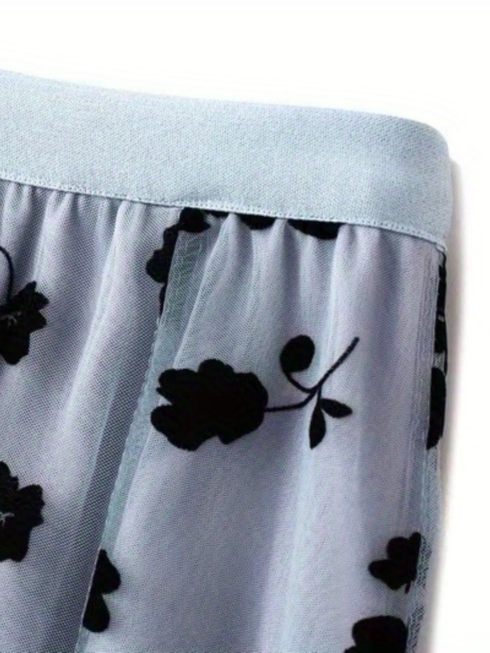 Elegant High Waist Maxi Plant Print Contrast Mesh Skirts, Women's Clothing