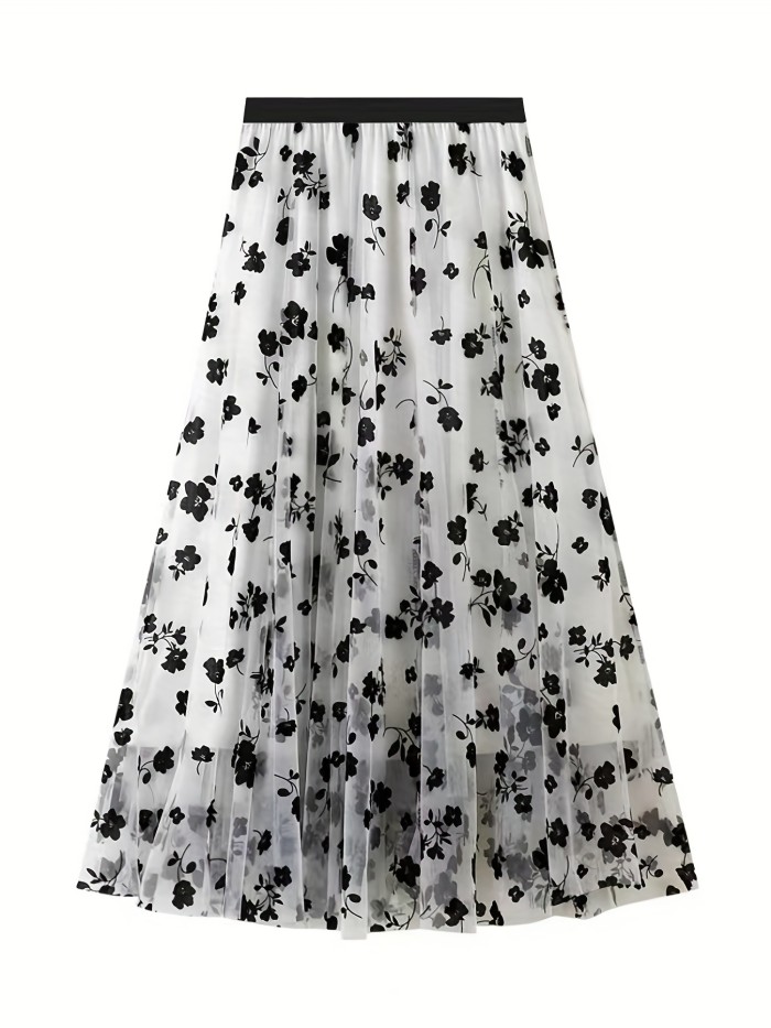 Elegant High Waist Maxi Plant Print Contrast Mesh Skirts, Women's Clothing