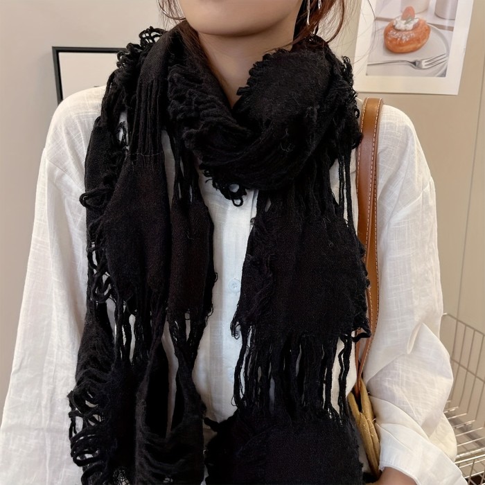 Women'S Fringe Tassel Scarf Shawl - Solid Color, Skin Friendly, 49% 51% Acrylic, Hand Washable, Popular Style Scarf for All Seasons