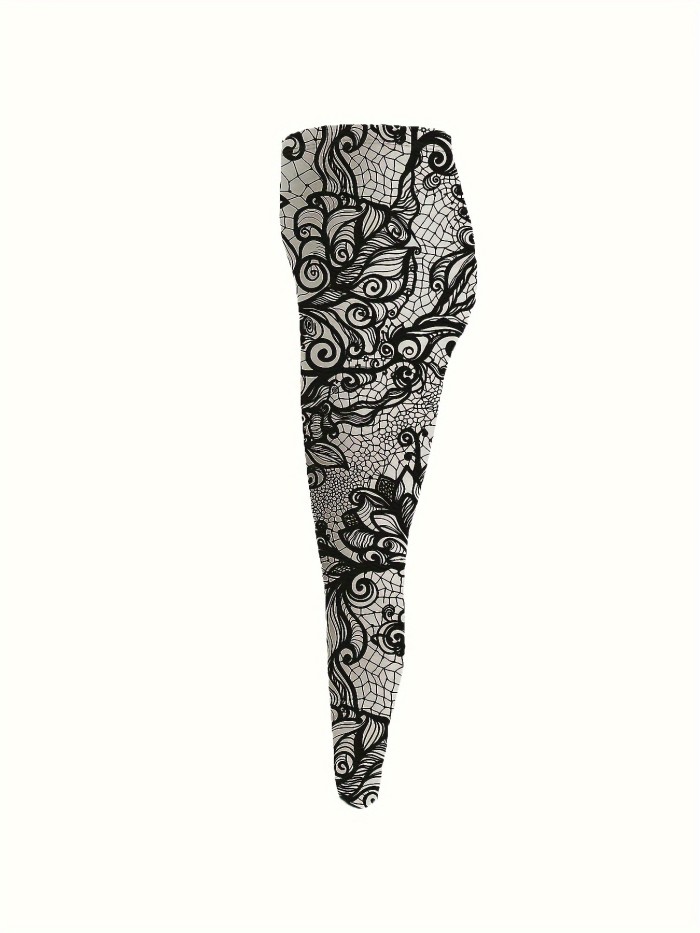 Plus Size Floral Print Skinny Leggings - Stretchy, High Waist, Comfortable, and Versatile - Perfect for Spring and Fall, Women's Casual Clothing
