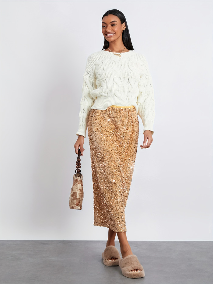 Elegant Sequin-Embellished Maxi Skirt for Women - Elastic Waist, Vintage Style, Machine Washable