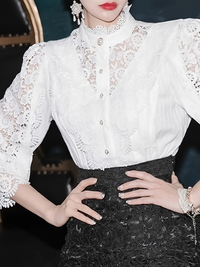 1pc Elegant Plus-Size Women'S Cotton V-Neck Shirt with Lace Details, Button-Up Hollow Collar, Slight Stretch Woven Fabric, Versatile Solid Color for All Seasons