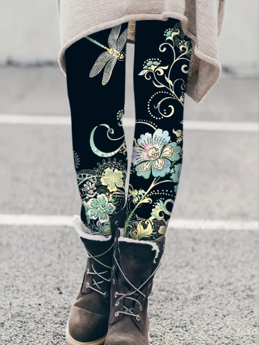 Elegant Plus Size Floral Print Leggings - High Waist, Stretchy & Comfortable, Machine Washable - Women's Fashion