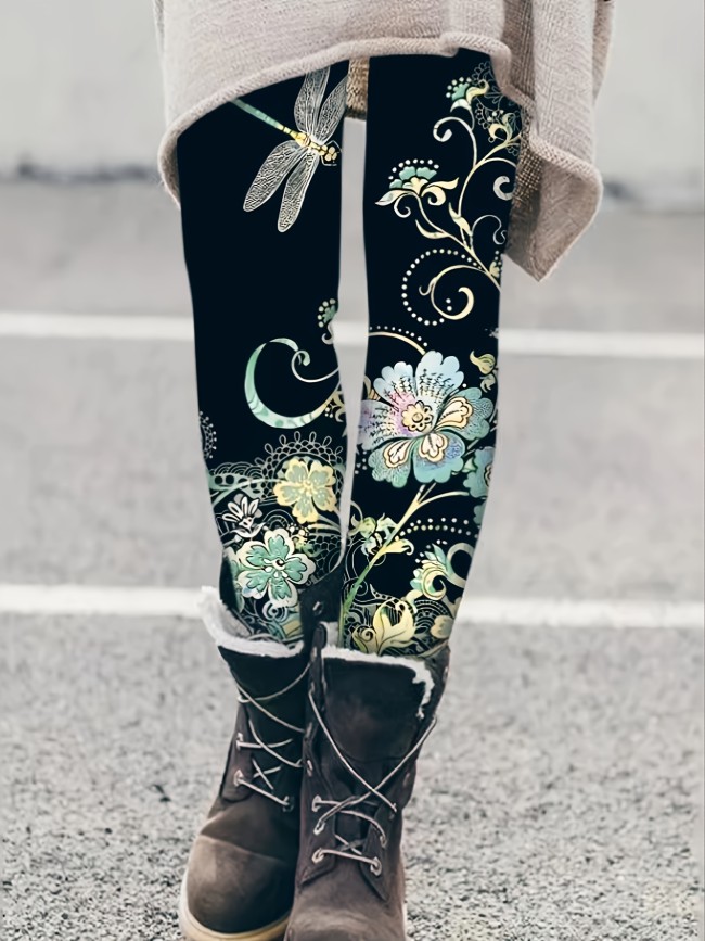 Elegant Plus Size Floral Print Leggings - High Waist, Stretchy & Comfortable, Machine Washable - Women's Fashion