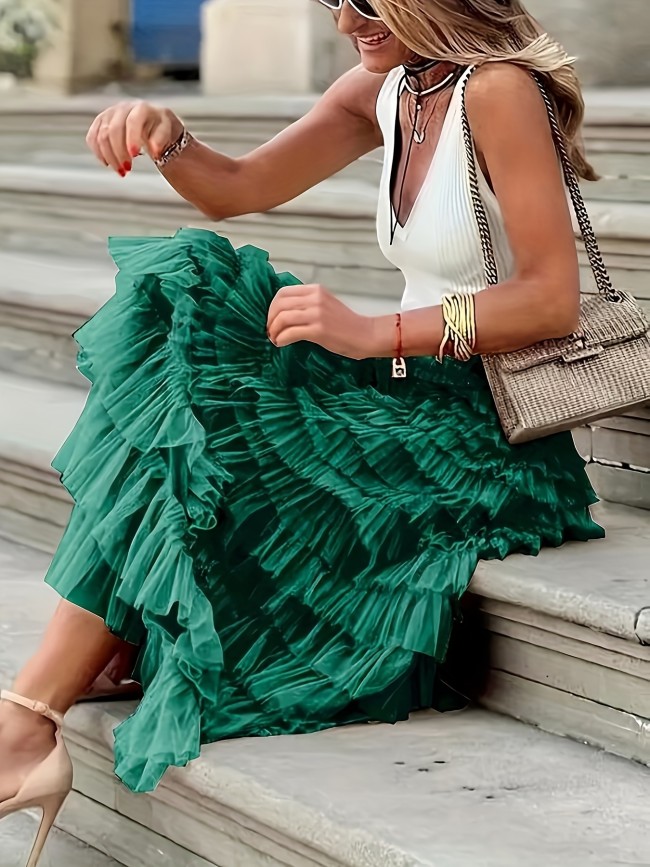 Women's Chic High-Waisted Skirt with Mesh Layered Hem - Breathable Fabric, Timeless Elegance for Casual to Formal Occasions