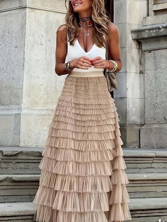 Women's Chic High-Waisted Skirt with Mesh Layered Hem - Breathable Fabric, Timeless Elegance for Casual to Formal Occasions