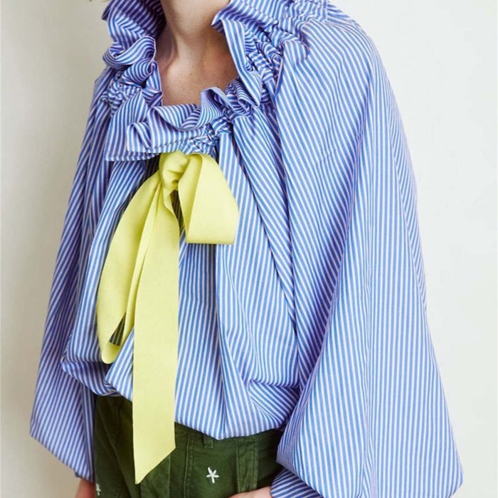 1pc Women'S Summer Knit Polyester Shirt - Sexy Crew Neck Long Lantern Sleeve Blouse with Ruffled Neckline and Lace-up Detail, Solid Color and Stripe Print Options, Casual Elegant Top for Adults