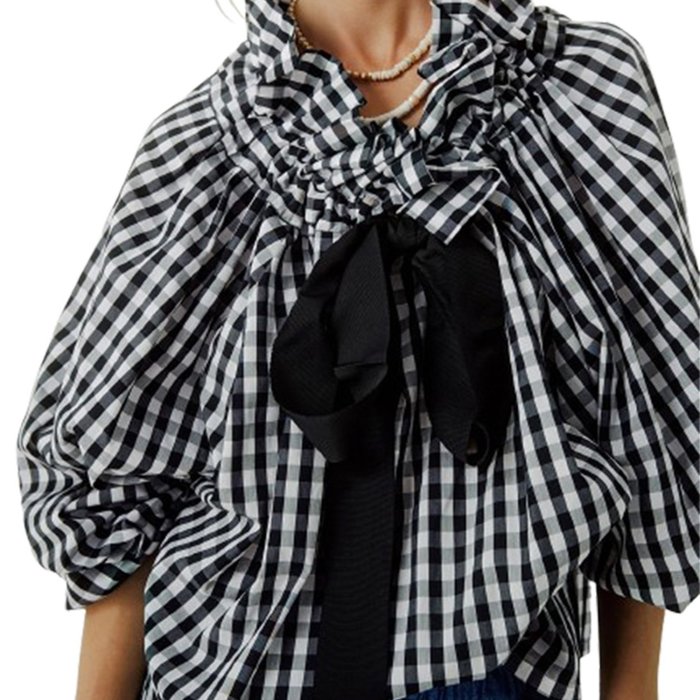 1pc Women'S Summer Sexy Crew Neck Blouse - Polyester Knit Fabric, Long Lantern Sleeves, Ruffle Detail Neckline with Lace-up, Loose Fit Casual Elegant Top