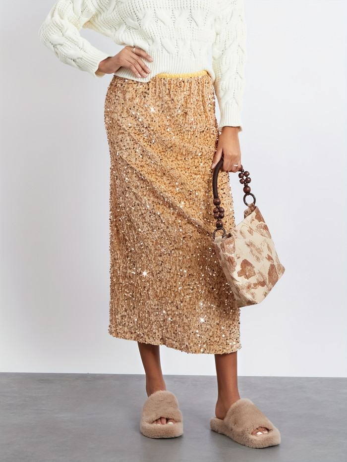 Elegant Sequin-Embellished Maxi Skirt for Women - Elastic Waist, Vintage Style, Machine Washable