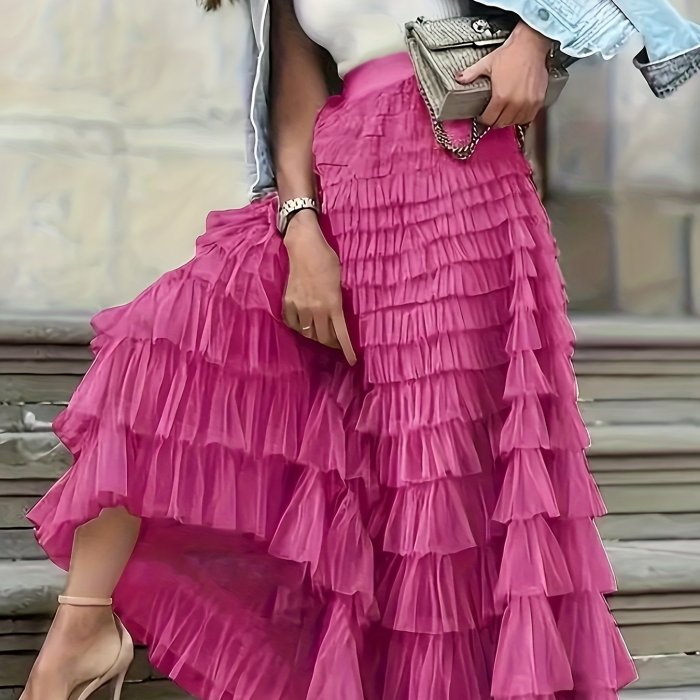 Women's Chic High-Waisted Skirt with Mesh Layered Hem - Breathable Fabric, Timeless Elegance for Casual to Formal Occasions
