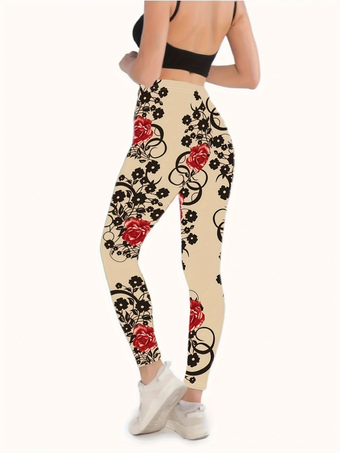 Chic Floral High-Waist Leggings - Soft Stretch Fit for All-Day Comfort - Perfect for Casual or Active Wear in Spring and Fall - Women's Fashion