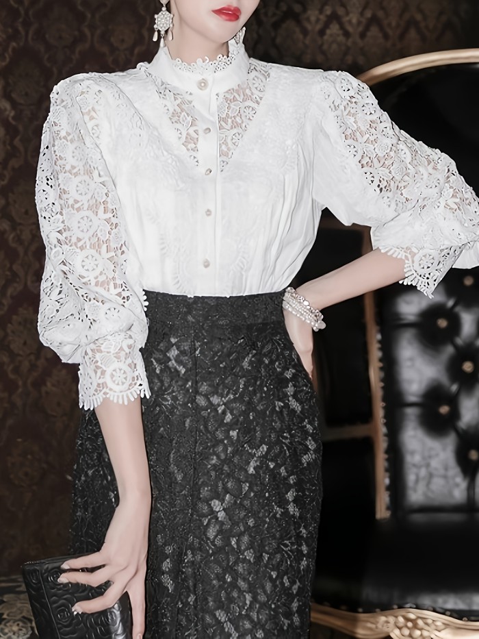 1pc Elegant Plus-Size Women'S Cotton V-Neck Shirt with Lace Details, Button-Up Hollow Collar, Slight Stretch Woven Fabric, Versatile Solid Color for All Seasons