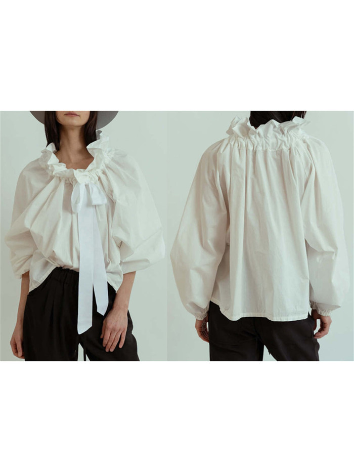 1pc Women'S Summer Sexy Crew Neck Blouse - Polyester Knit Fabric, Long Lantern Sleeves, Ruffle Detail Neckline with Lace-up, Loose Fit Casual Elegant Top