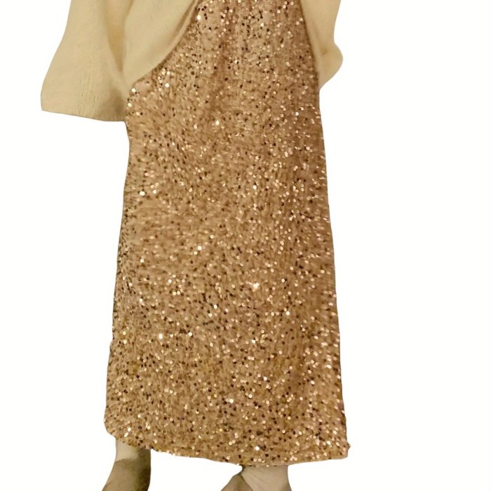 Elegant Sequin-Embellished Maxi Skirt for Women - Elastic Waist, Vintage Style, Machine Washable