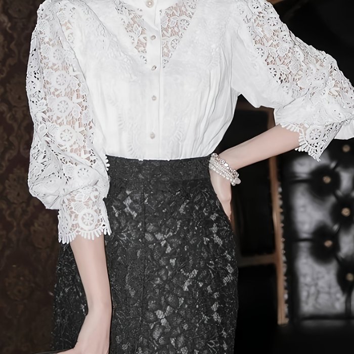 1pc Elegant Plus-Size Women'S Cotton V-Neck Shirt with Lace Details, Button-Up Hollow Collar, Slight Stretch Woven Fabric, Versatile Solid Color for All Seasons