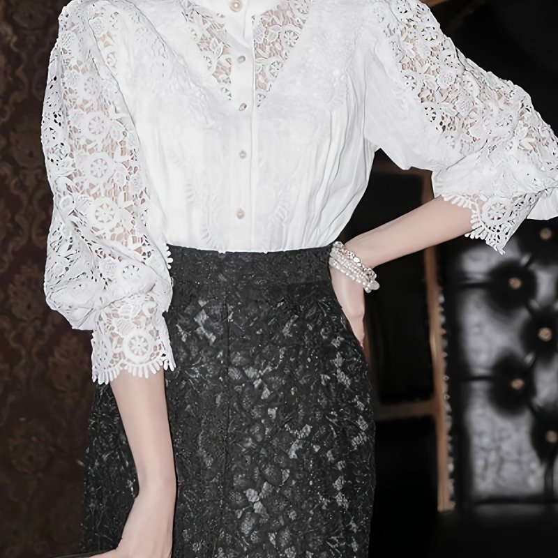 1pc Elegant Plus-Size Women'S Cotton V-Neck Shirt with Lace Details, Button-Up Hollow Collar, Slight Stretch Woven Fabric, Versatile Solid Color for All Seasons