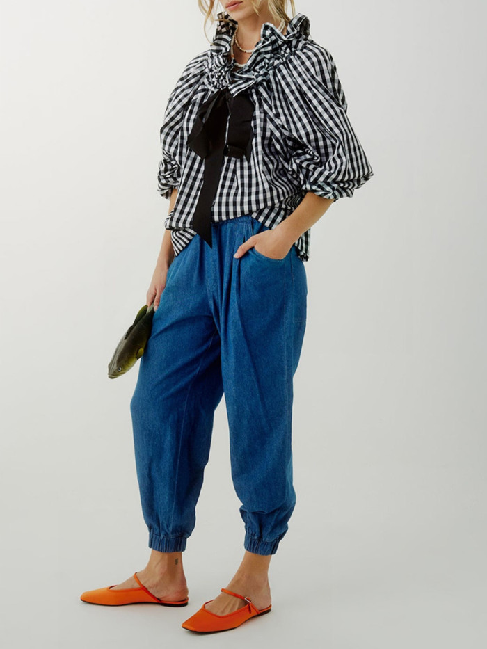 1pc Women'S Summer Knit Polyester Shirt - Sexy Crew Neck Long Lantern Sleeve Blouse with Ruffled Neckline and Lace-up Detail, Solid Color and Stripe Print Options, Casual Elegant Top for Adults