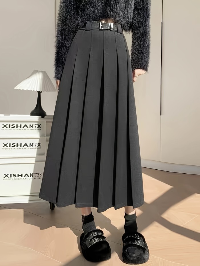 Women'S Chic A-Line Pleated Midi Skirt 100% Polyester Solid Color Woven Fabric for Fall\u002FWinter - Beltless Design